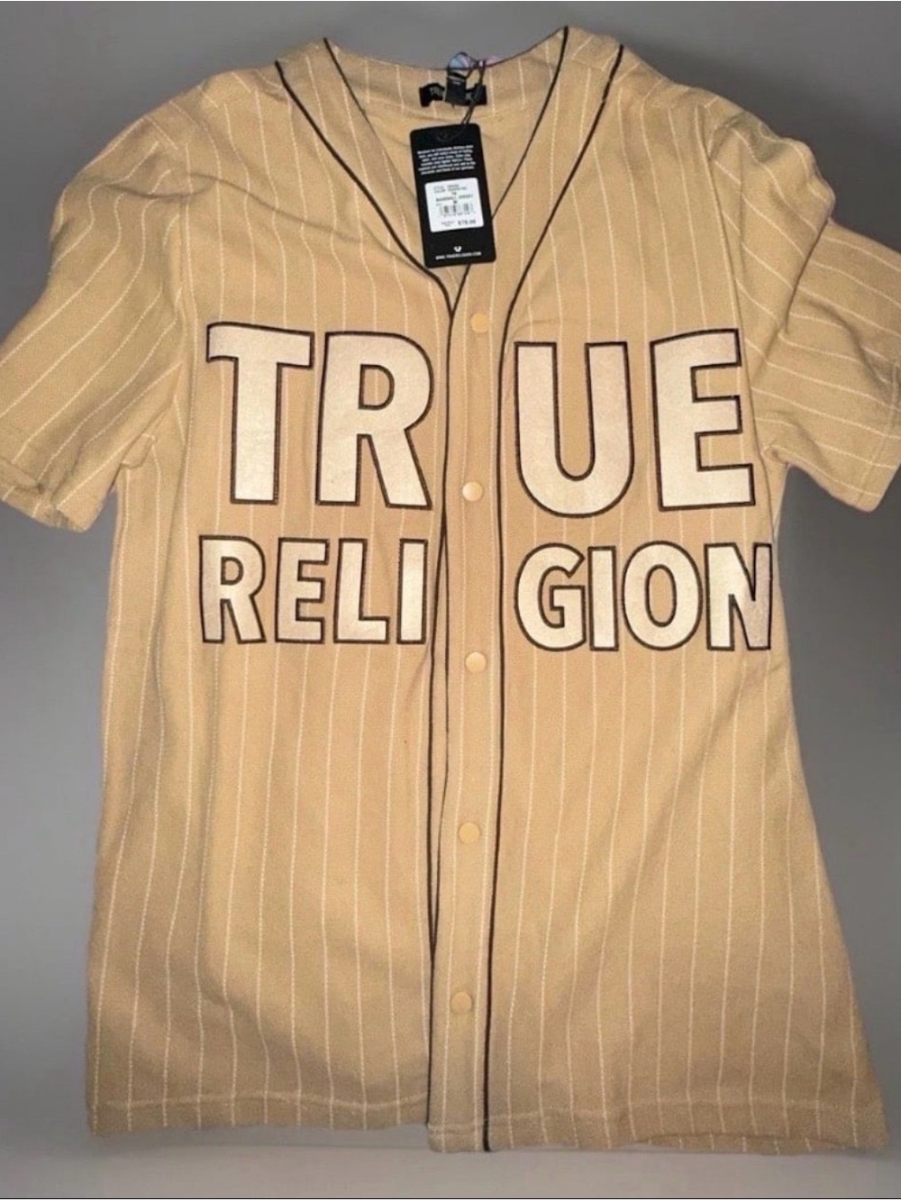 True Religion Men's TR Baseball Jersey Striped Button-Up Shirt Beige White M
